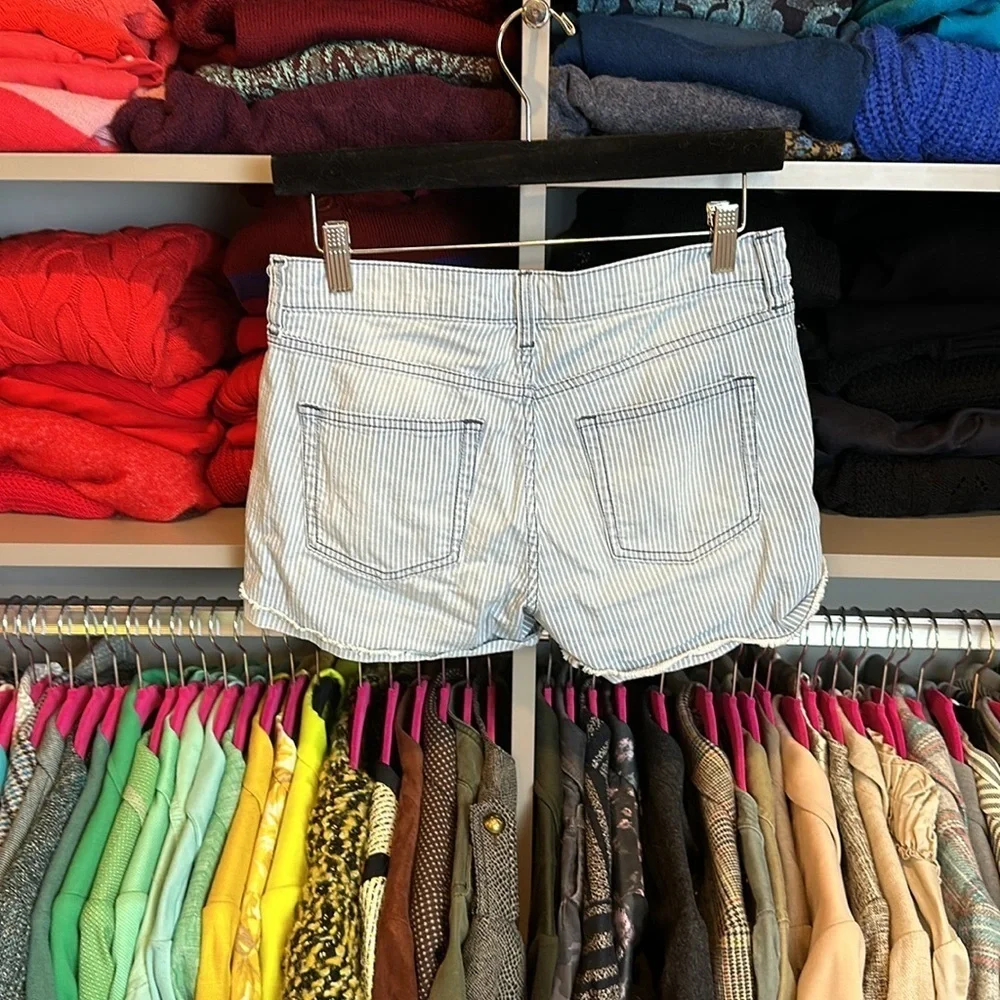J Crew pale blue and white striped distressed cuffed jean shorts size 25